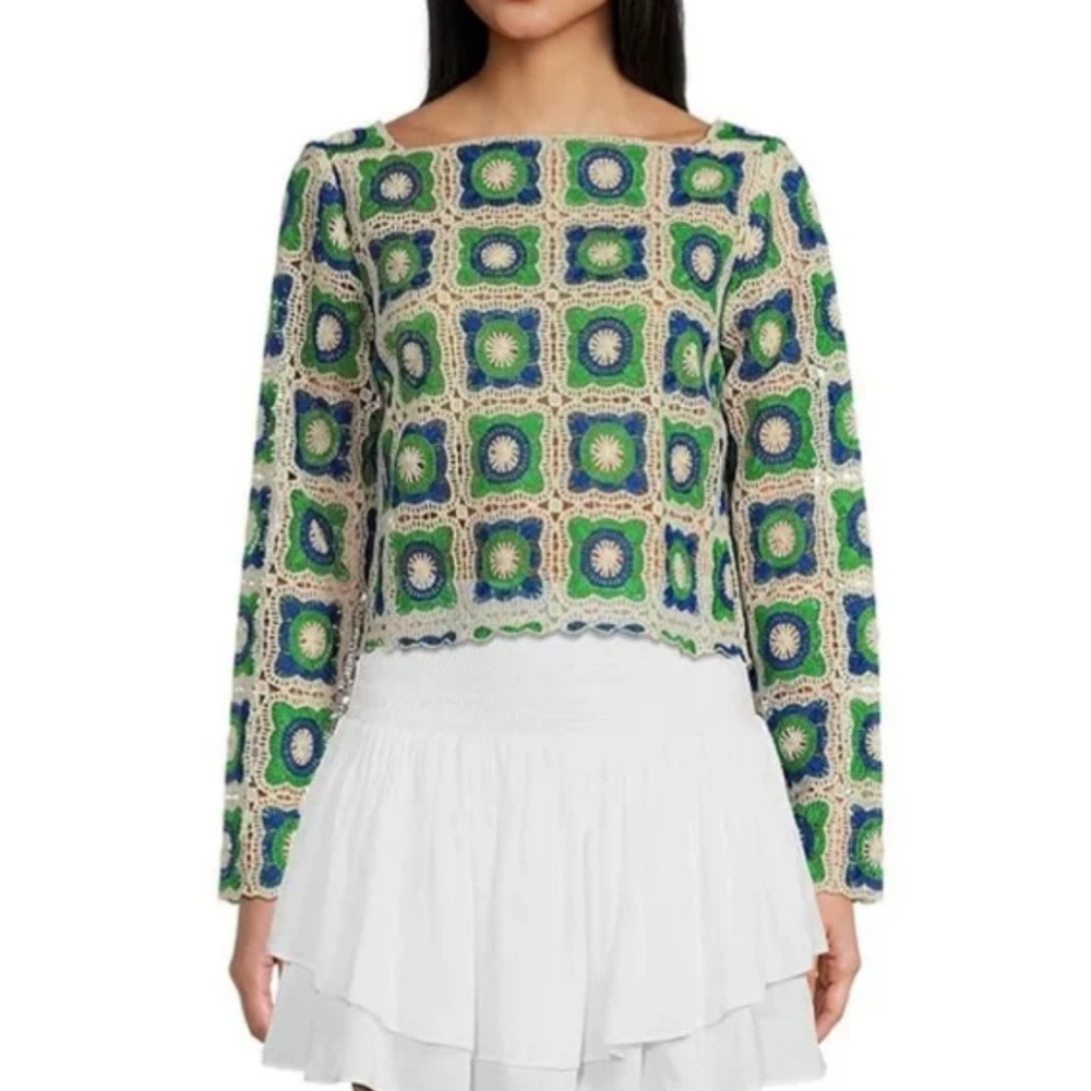 NWT Granny Square Crochet Top Green Blue Cream Chelsea & Violet Women’s Large